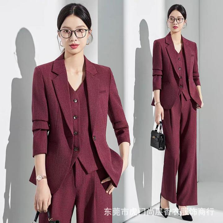 枣红色西装套装女职业高级感通勤主持人正装轻熟简约风马甲西服女