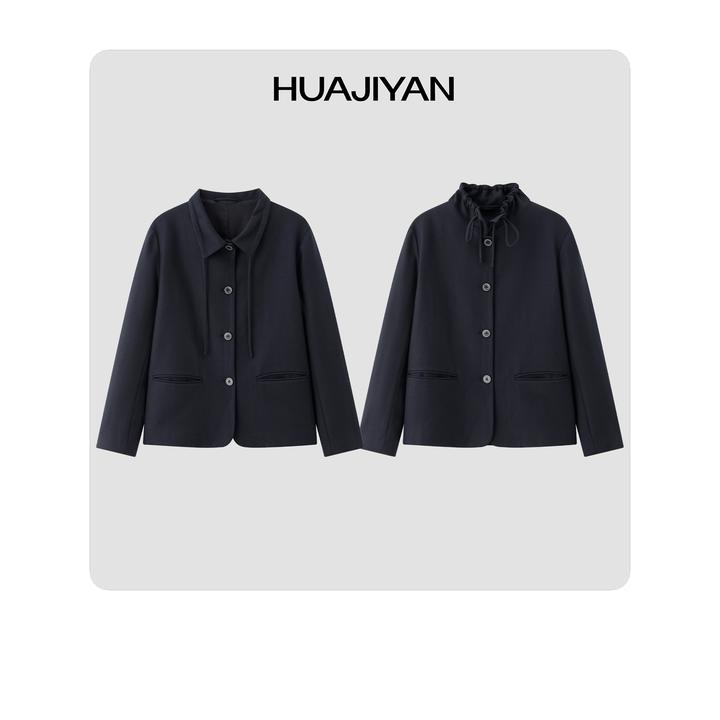 华吉言/HUAJIYAN【唐顿庄园】羊毛混纺抽绳新中式立领西装外套