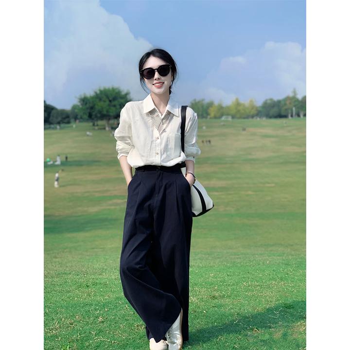 2025秋季穿搭一整套高级感小个子白色衬衫上衣西装阔腿裤两件套装
