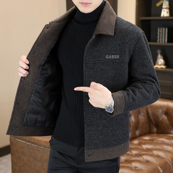 法帝卡尔克修身翻领拼色羽绒加厚短款毛呢大衣冬男潮流呢子外套