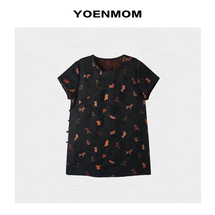 YOENMOM·小狗日记·100桑蚕丝红云纱罗可爱印花俏皮减龄奥黛款上衣