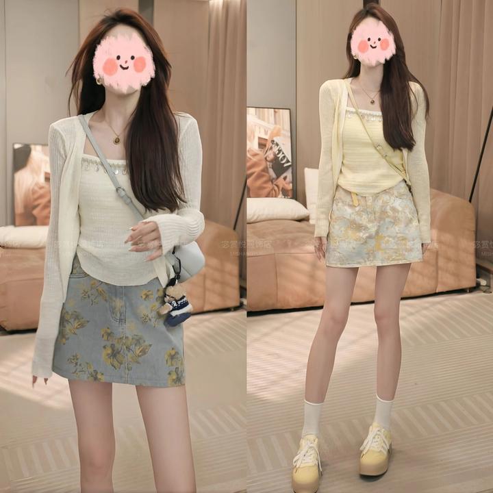 2025春夏新款韩版时尚休闲防晒针织衫两件套+印花短裙套装显瘦女