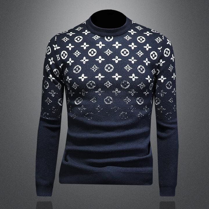 路茨梅帕新款冬季渐变印花毛衣男士休闲圆领套头针织衫加厚潮牌