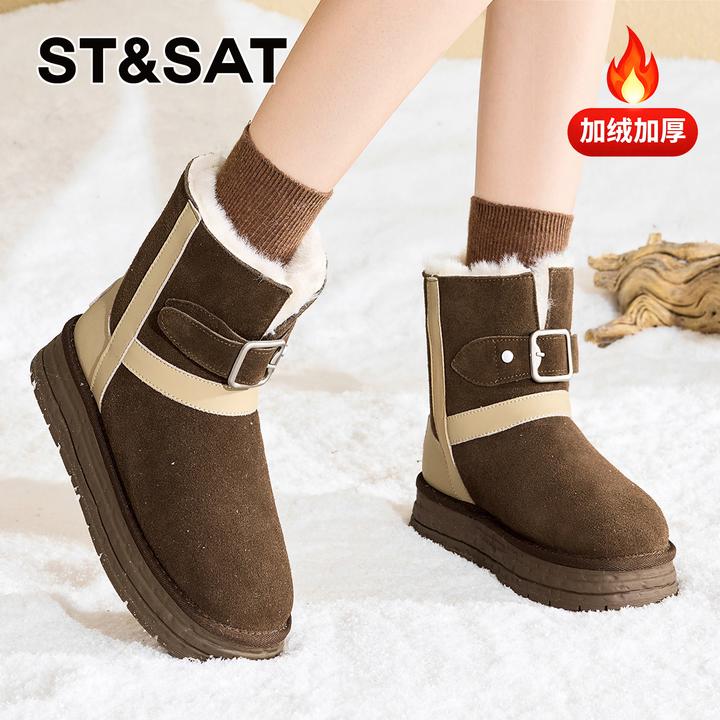 星期六复古软包脚踝雪地靴女款2025新款冬季加绒真皮棉鞋御寒短靴