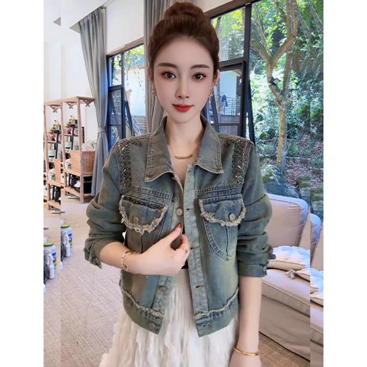 欧货设计感破边流苏工艺钻扣牛仔外套女2024春秋新款复古夹克上…