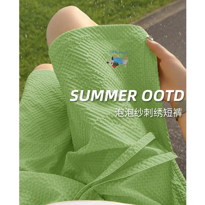 绿色多巴胺腊肠狗刺绣短裤女外穿小个子大码泡泡纱美式速干五分裤