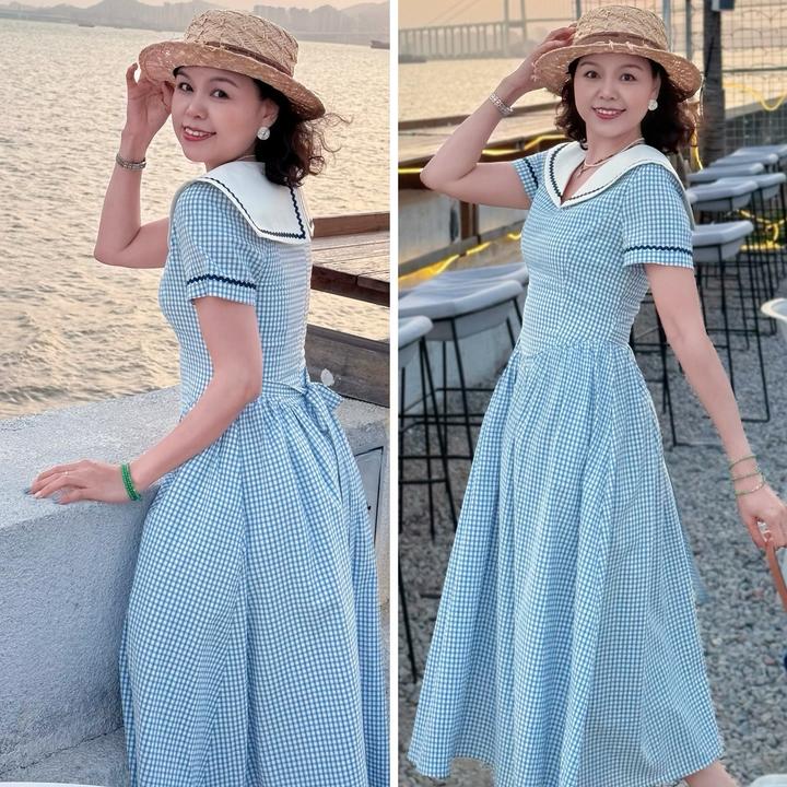 海军领大摆裙抹胸型泡泡袖夏季韩版连衣裙学院风气质海军法式裙子