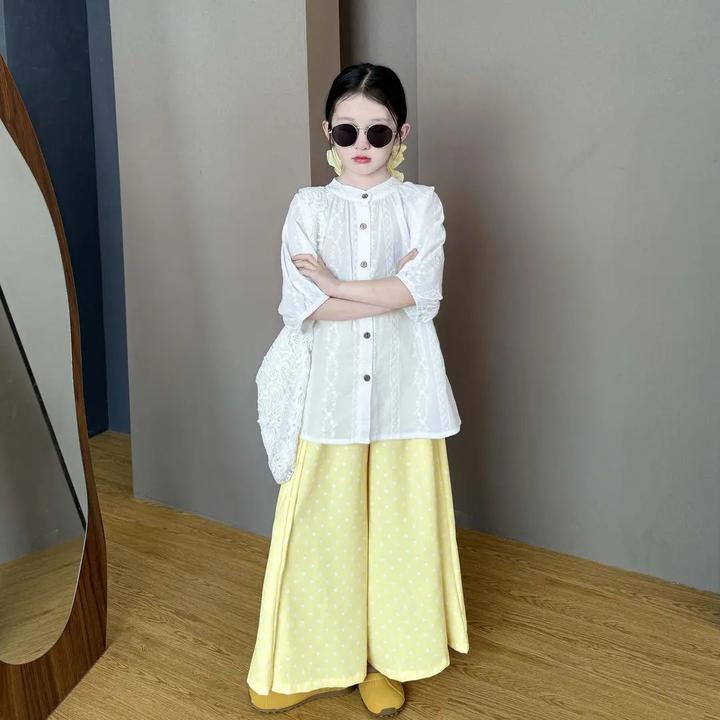 女童休闲洋气套装2025夏季新款中大童日常时尚上衣波点裙裤两件套
