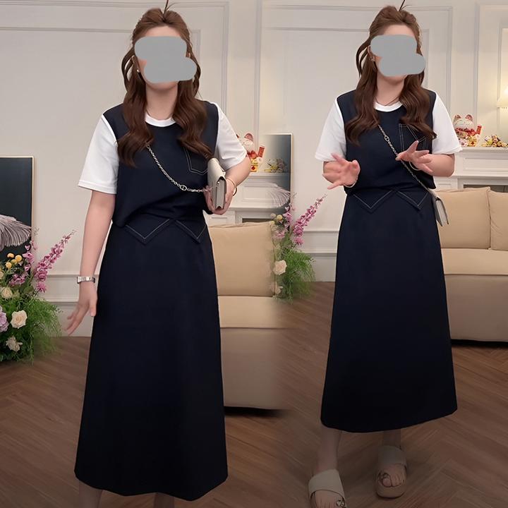 小众设计感收腰明线假两件t恤上衣+显瘦a字半身裙裤两件套装夏季