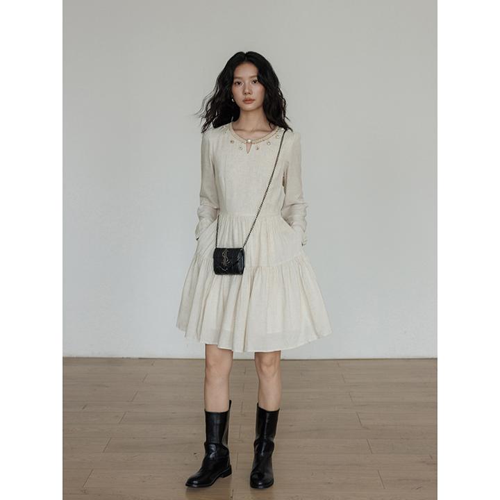 vastand维尚 秋季亚麻设计感长袖连衣裙清冷风老钱风气质显瘦裙子