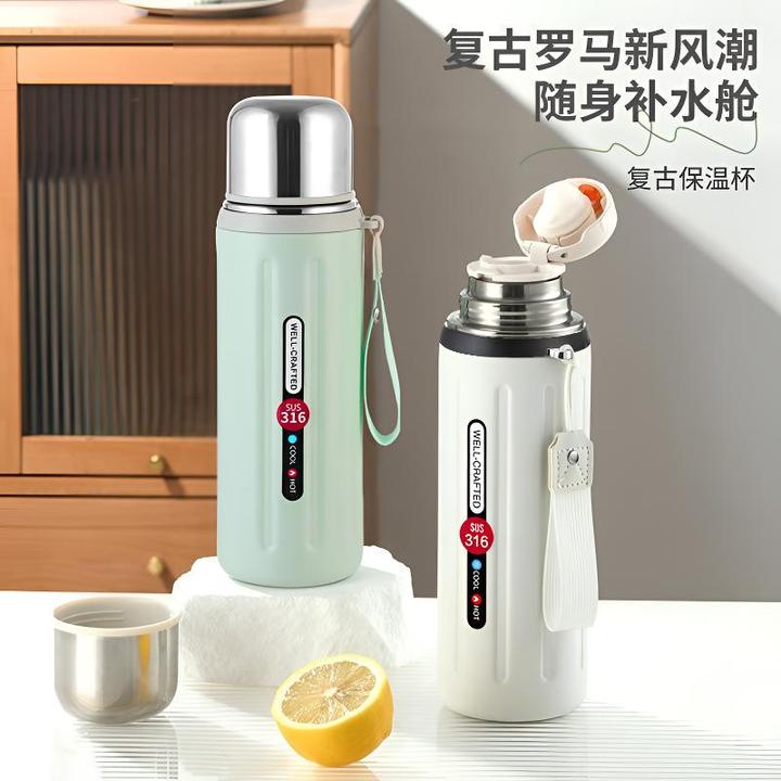 复古罗马小钢炮316不锈钢保温杯盖子可喝水户外便携大容量水杯