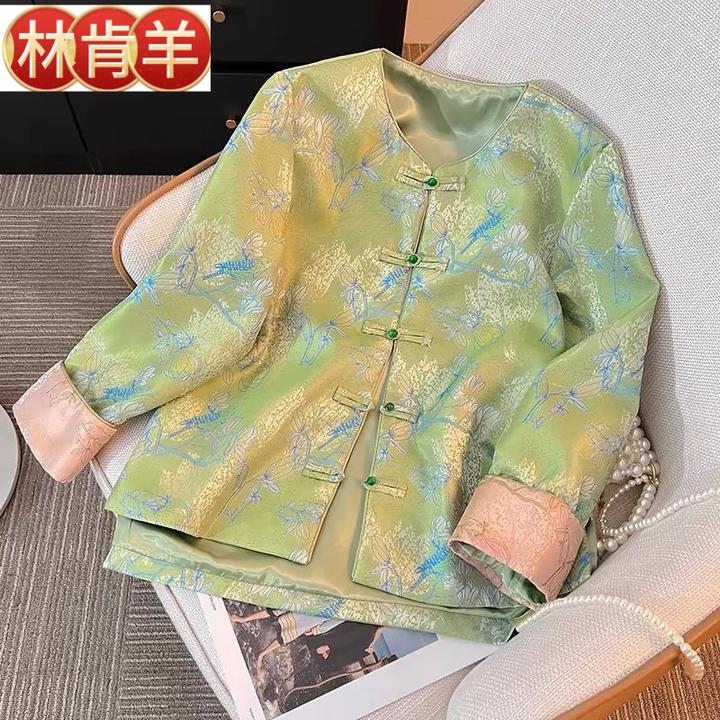 新中式拼接提花盘扣外套女2025新款长袖春秋款时尚短款国风上衣