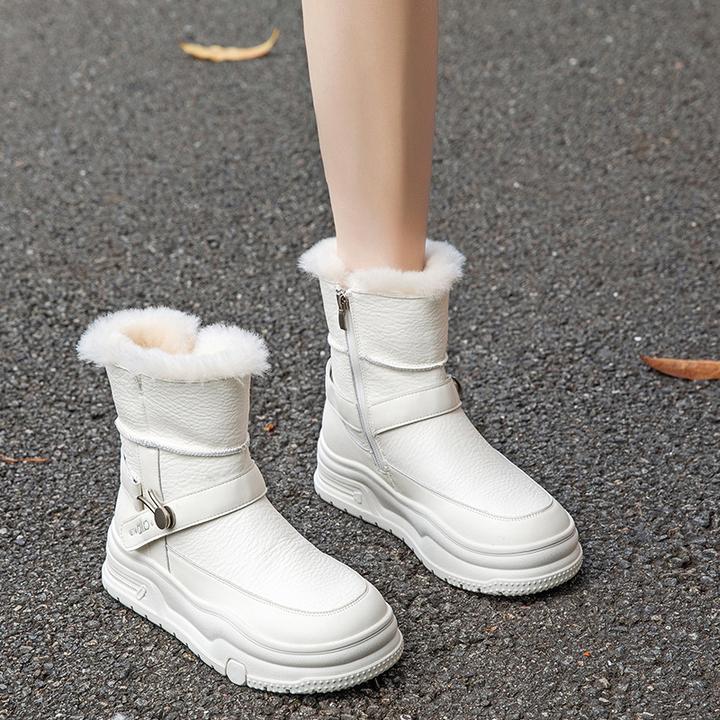 厚底白色真皮雪地靴羊毛雪地靴女百搭防水防滑加厚保暖棉鞋面包鞋
