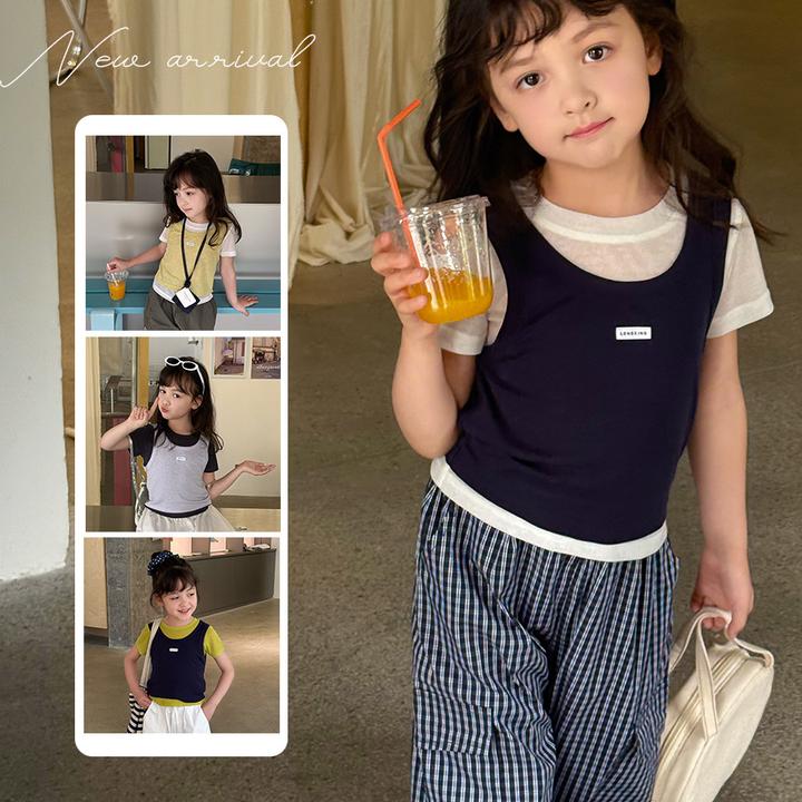 【现货已开价】女童叠穿感背心撞色纯色正肩短袖假两件T恤25D074