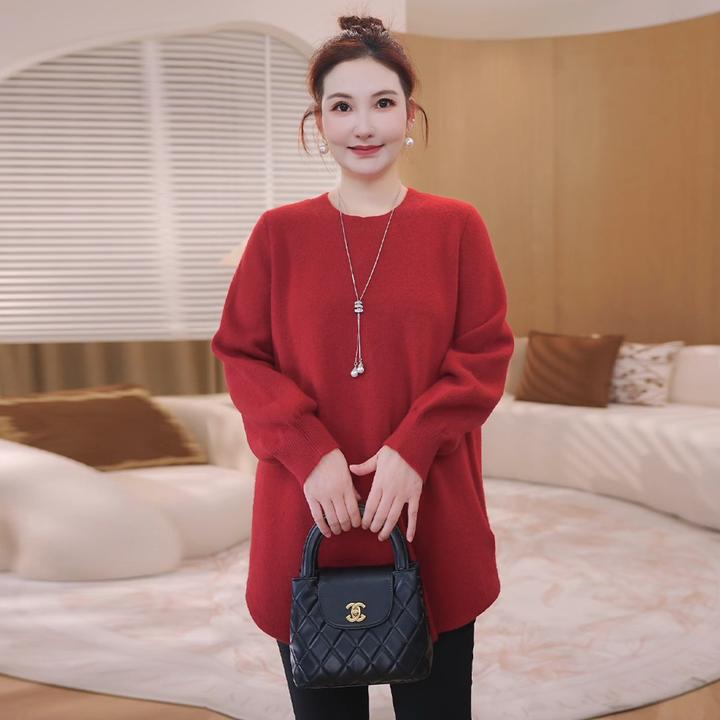 【18支北极绒】MsShe大码女装冬新纯色圆领弧摆长款毛衣S~E2511008