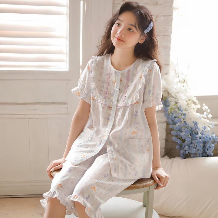 法式公主短袖七分裤睡衣开衫少女碎花薄款纱布纯棉小清新家居服夏