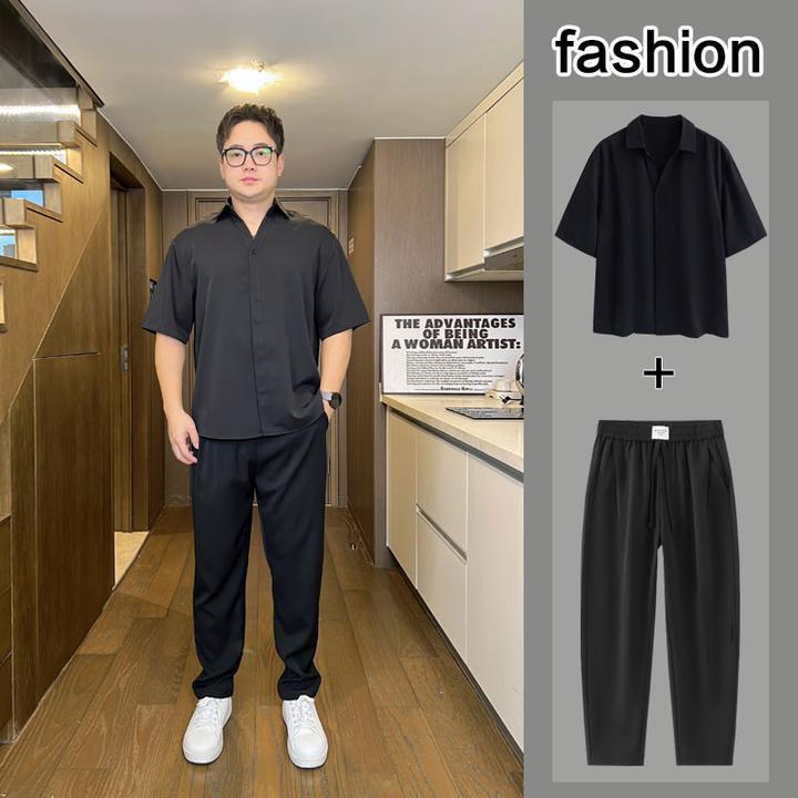 夏季男士短袖衬衫韩版休闲套装冰丝衬衣胖人大码纯色痞帅垂感薄款