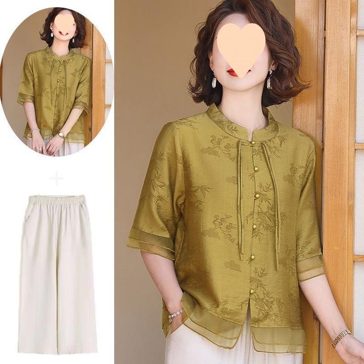母亲节妈妈夏装短袖套装中老年新中式新品洋气衬衫休闲减龄两件套