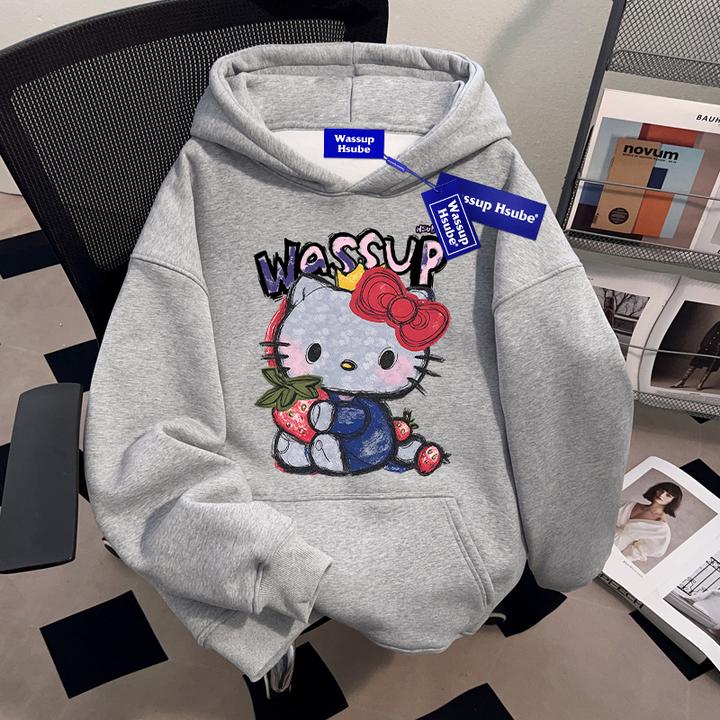 WASSUP HSUBE小众百搭HelloKitty套头连帽卫衣男女情侣ins上衣服