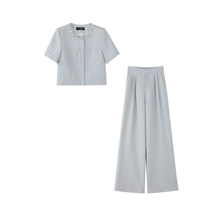 〈纪朵研〉0929时尚套装女装上衣高腰夏季显瘦休闲裤子黑色阔腿裤