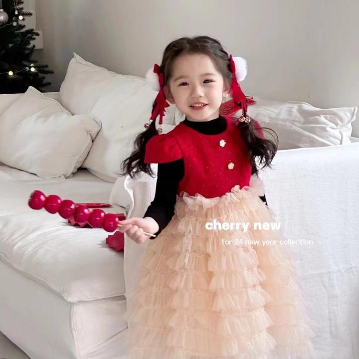 Cherry春节拜年服女小童女宝加绒红色拼接蕾丝蛋糕裙现货