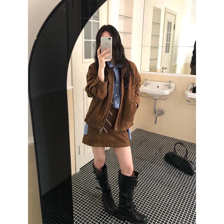 辣妹风美式休闲时尚套装女2025年秋季新款小众纯色夹克半裙两件套