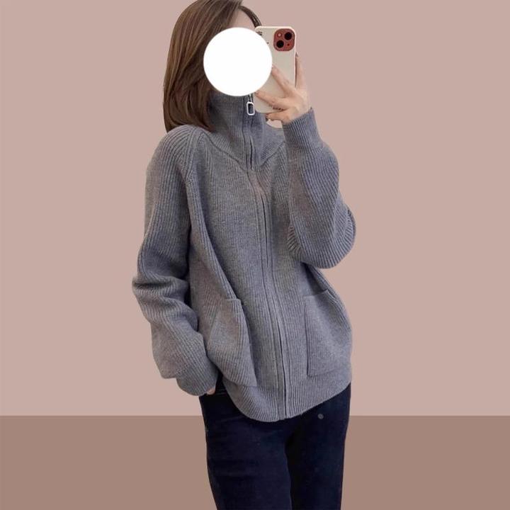 竖坑条口袋高领拉链针织开衫秋冬新款大码女装宽松显瘦毛衣外套潮