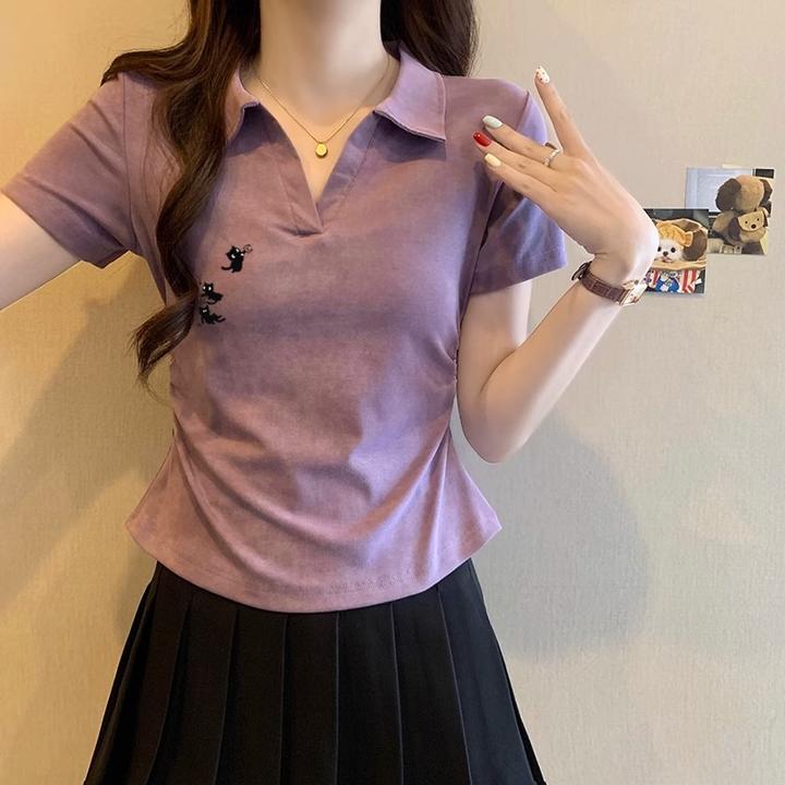 紫色扎染POLO领短袖t恤女2025新款夏季甜辣修身显瘦短款正肩上衣
