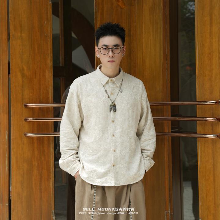 SELLMOON腰果花刺绣宽松男女同款长袖男款秋冬白衬衣纯色秋冬服装