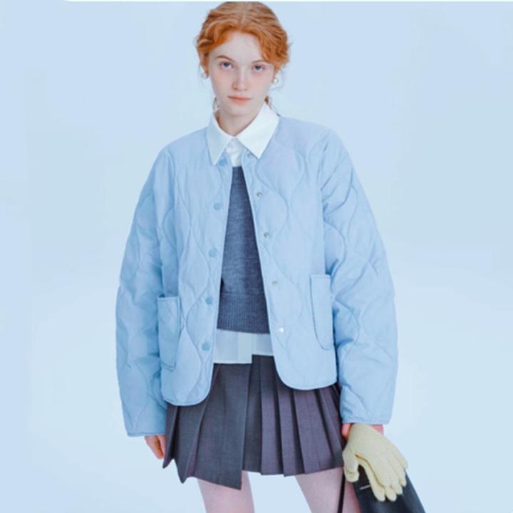 短款轻薄菱格棉服女2025秋冬韩版小香风无领棉外套棉衣外穿小棉袄