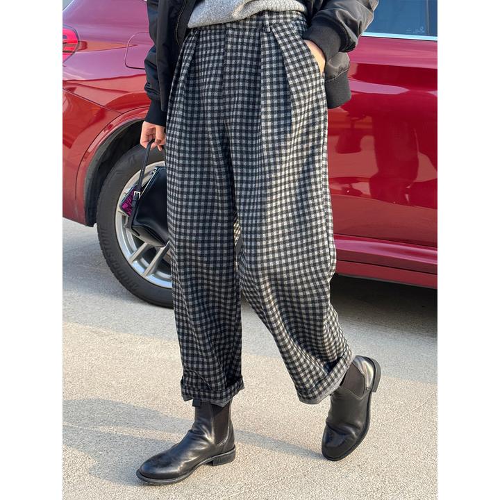 LANGQING 宽松松紧腰百搭格子九分休闲裤46504/46807#