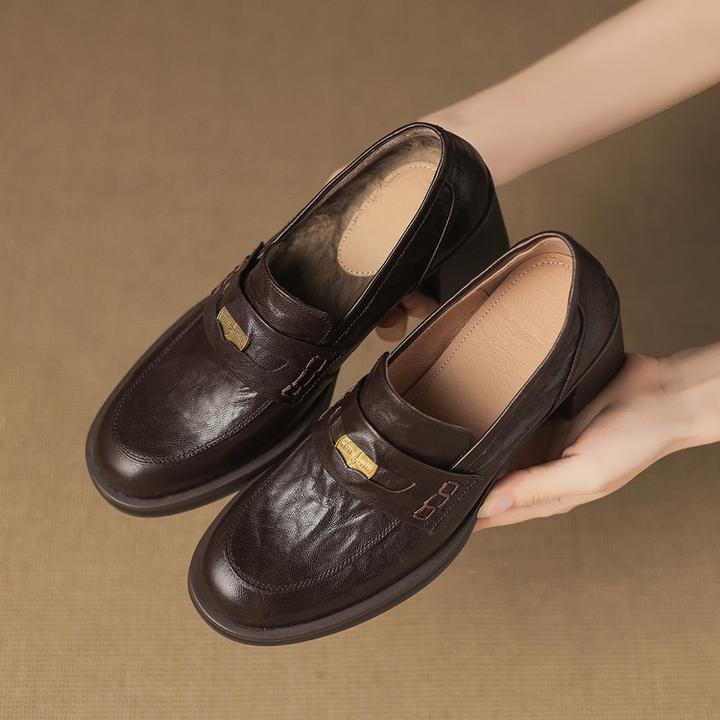 头层羊皮6cm～高跟加绒乐福鞋一脚蹬深口舒适百搭气质单鞋冬季粗跟