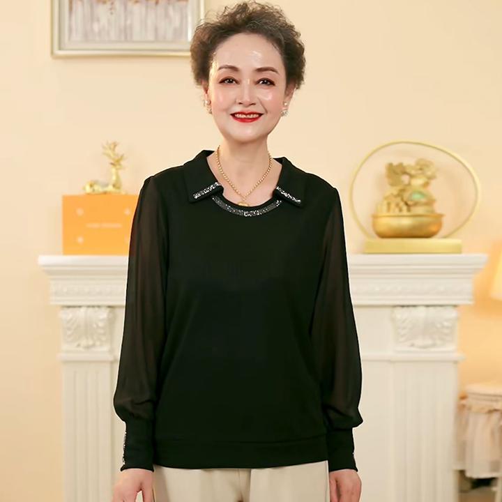 妈妈装秋季小衫中年女装秋装长袖T恤宽松中老年上衣气质翻领