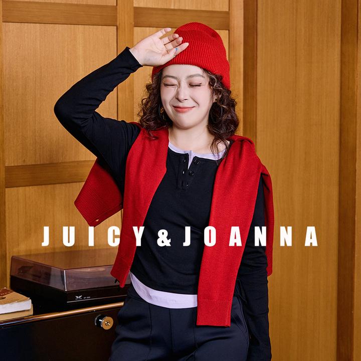 JUICY&JOANNA/橘子樱桃撞色假两件抽褶收腰上衣