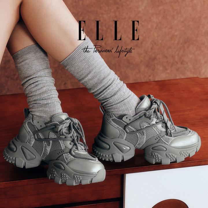 ELLE超轻便水钻银色老爹鞋女2025新款炸街系带百搭厚底运动休闲鞋