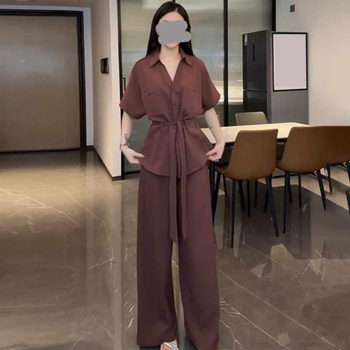 绑带收腰设计衬衫阔腿裤两件套2025夏季新款小众女装时尚百搭套装