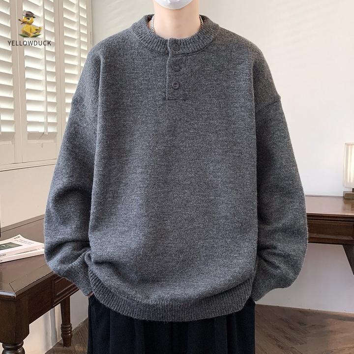 美式潮牌亨利领毛衣秋冬款男女纯色慵懒风针织衫宽松外套