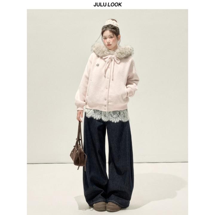 巨鹿工作室“浪漫延迟”微胖mm毛领连帽外套打底衫牛仔裤大码套装