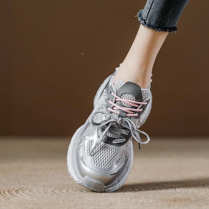 厚底显脚小银色老爹鞋女2025春夏新款网面透气轻便休闲时尚运动鞋