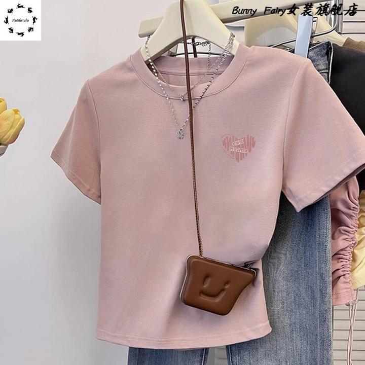 粉色正肩短袖T恤女夏季纯棉修身显瘦设计感短款小个子减龄上衣潮