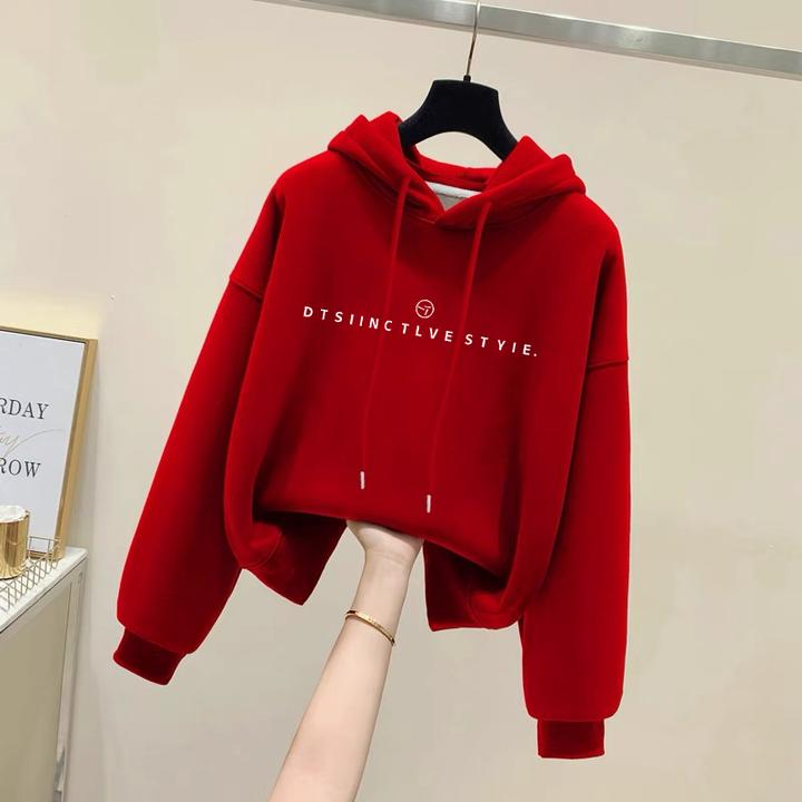 设计感小众秋冬新款2026加绒套头红色连帽卫衣女短款宽松韩版外套