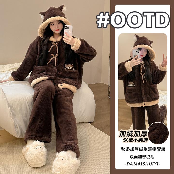 【加绒加厚】诺盾珊瑚绒睡衣女冬季新款保暖个性甜美连帽家居服套装