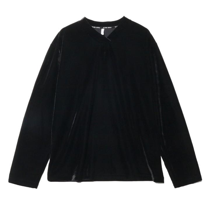 T414秋冬新款黑色亮面植绒V领套头长袖T恤休闲宽松时尚百搭上衣