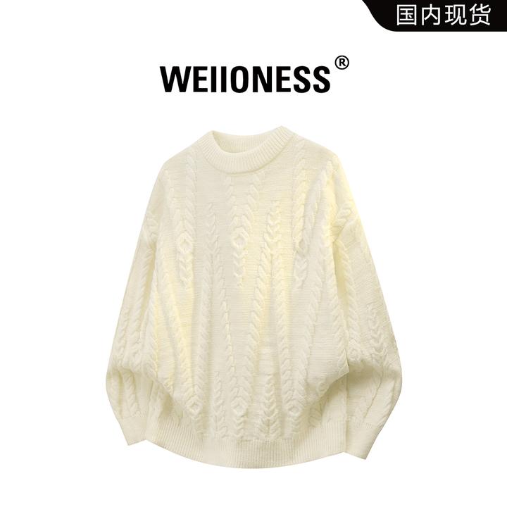 WEIIONESS圆领休闲毛衣男冬季新款肌理感时尚针织衫轻奢休闲男装