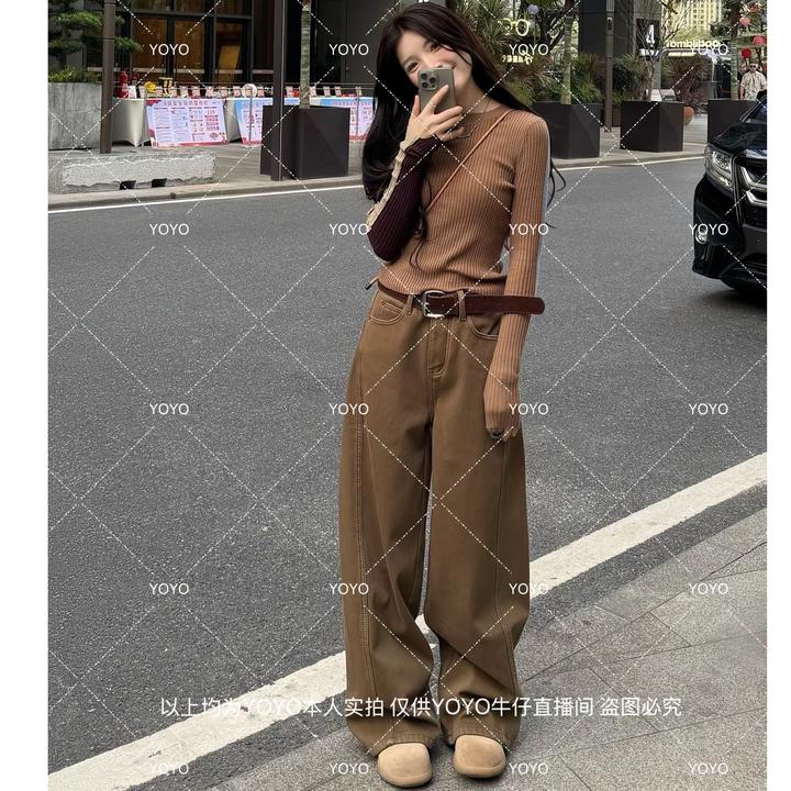 YOYO自制1【茶棕牛仔】加绒加厚冬款复合水貂绒显瘦阔腿拖地裤