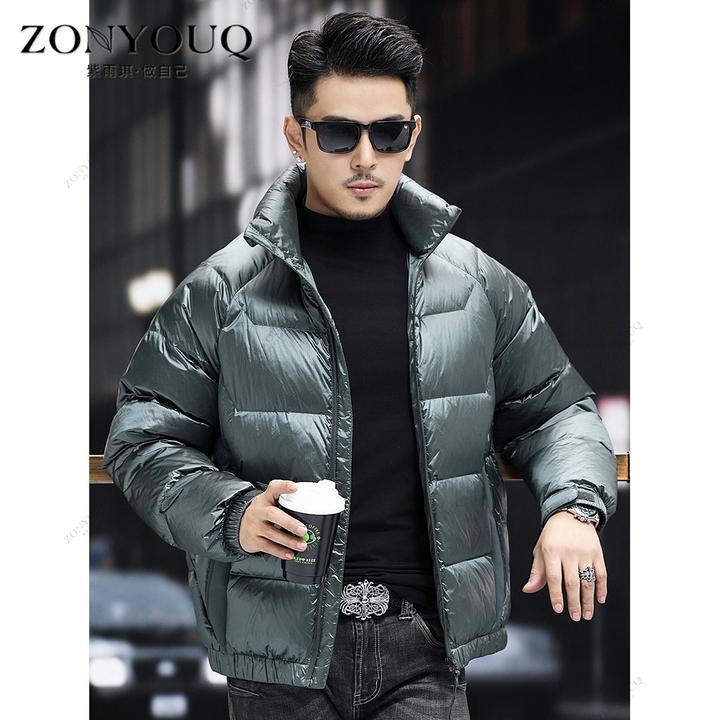 ZONYOUQ鹅绒羽绒服男冬季短款加厚保暖冬装时尚亮面立领休闲外套