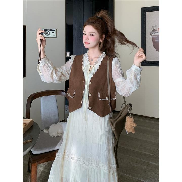 法式复古度假风刺绣马甲配裙子套装女秋蕾丝连衣裙两件套