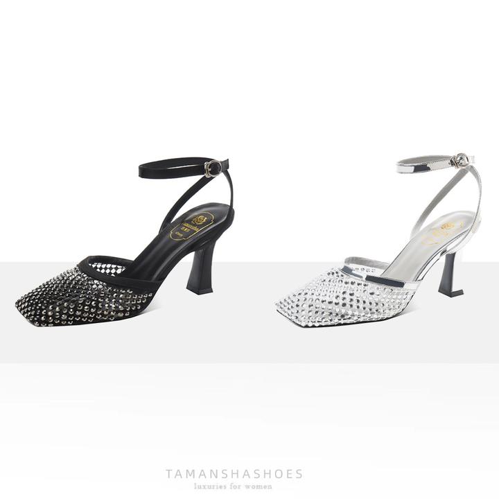 【跟高5-7cm】2025网钻凉鞋时髦新款百搭粗跟高跟一字扣包头凉鞋