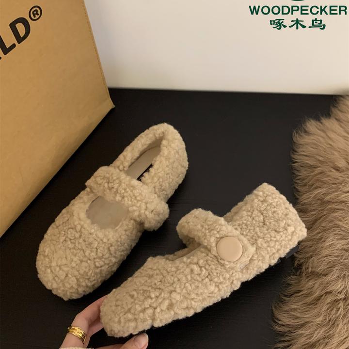 啄木鸟百搭玛丽珍羊羔毛毛鞋女鞋外穿2025新款秋冬季加绒棉鞋单鞋