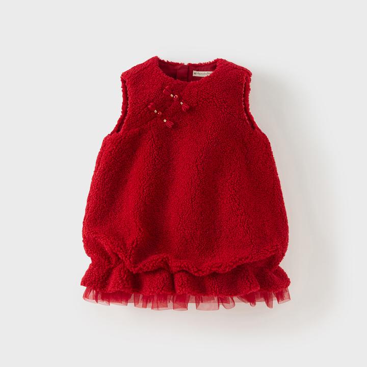 戴维贝拉儿童2025冬装新款女童毛绒背心裙儿童国风连衣裙宝宝裙子